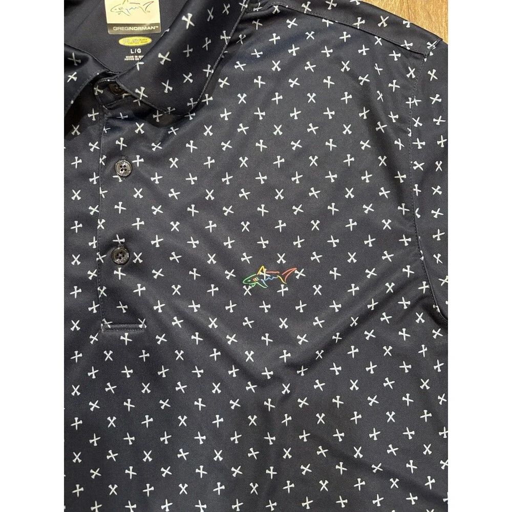 Greg‎ Norman Mens Size L Play Dry Golf Polo With Golf Tee Motif Navy Blue EUC